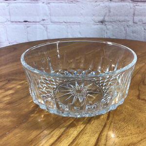 Vintage Round Clear Diamond Cut Glass Candy / Nut Bowl